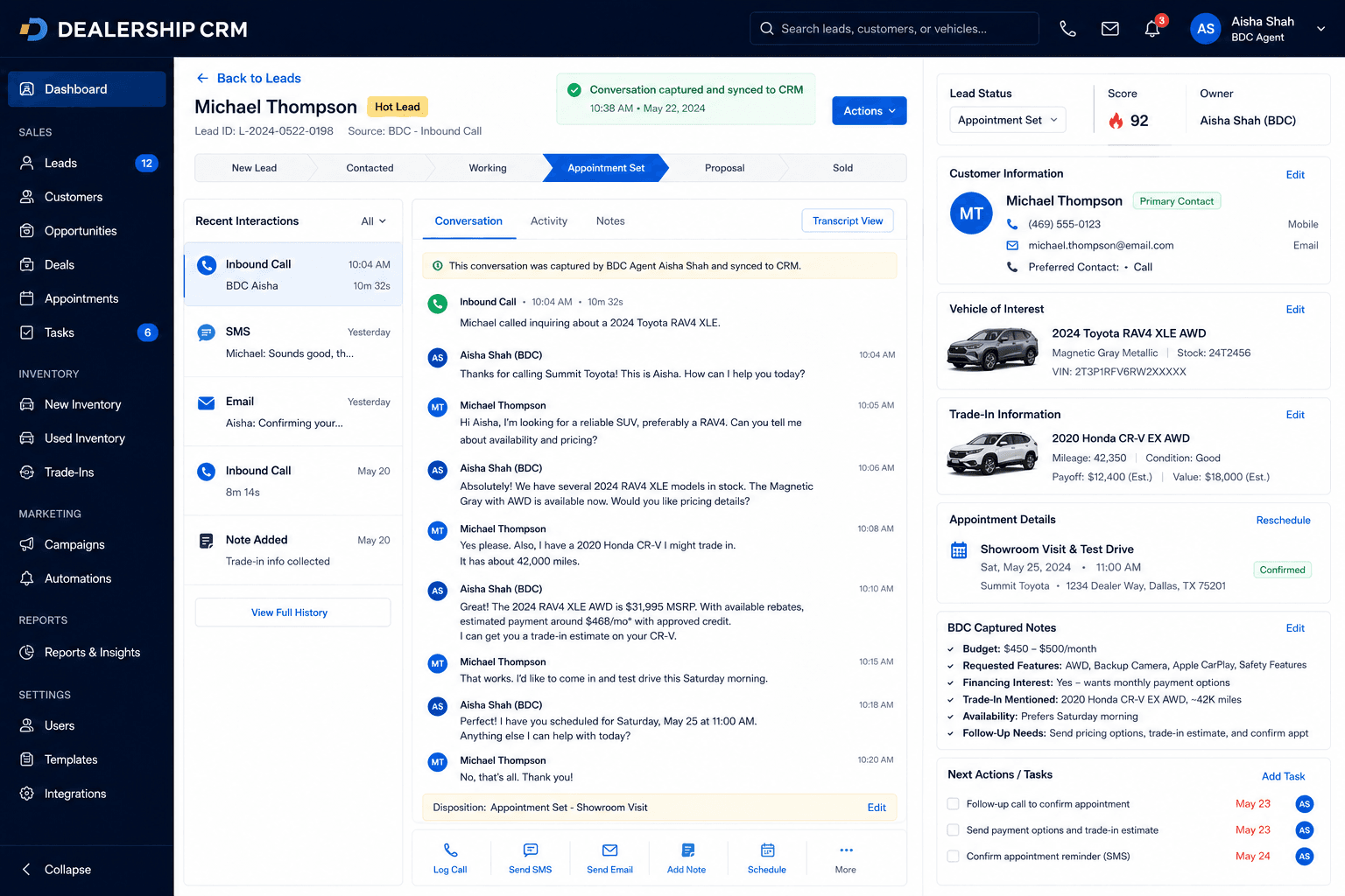 Dealership CRM screen showing a BDC-captured phone conversation synced to the CRM with appointment details, captured notes, and next actions