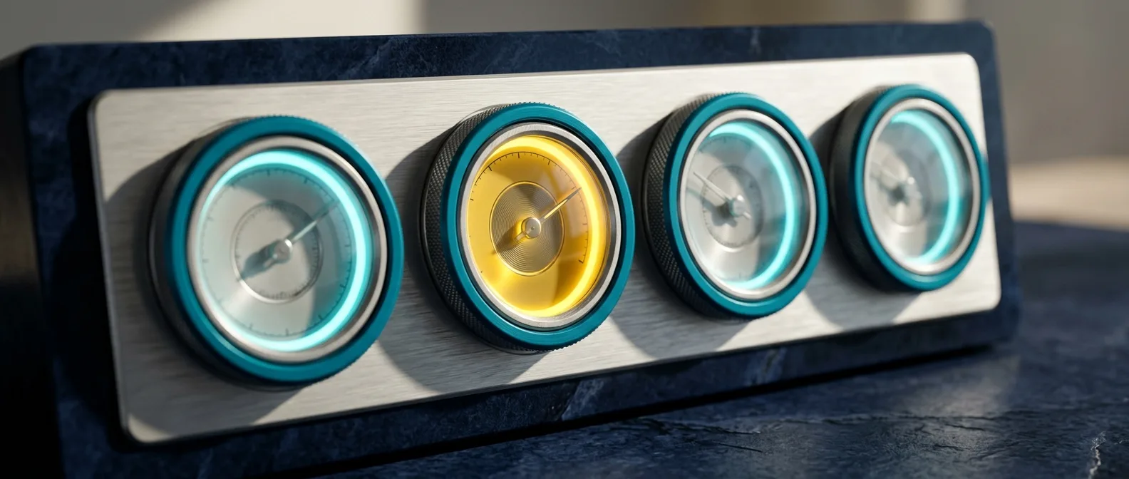 Four circular brushed-metal gauges on a navy instrument panel, with the second gauge lit yellow and the other three rimmed in cyan