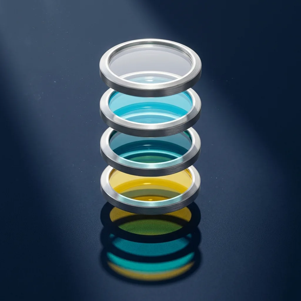 Four translucent precision lenses stacked vertically, tinted clear, cyan, teal, and yellow, with sunlight passing through all four