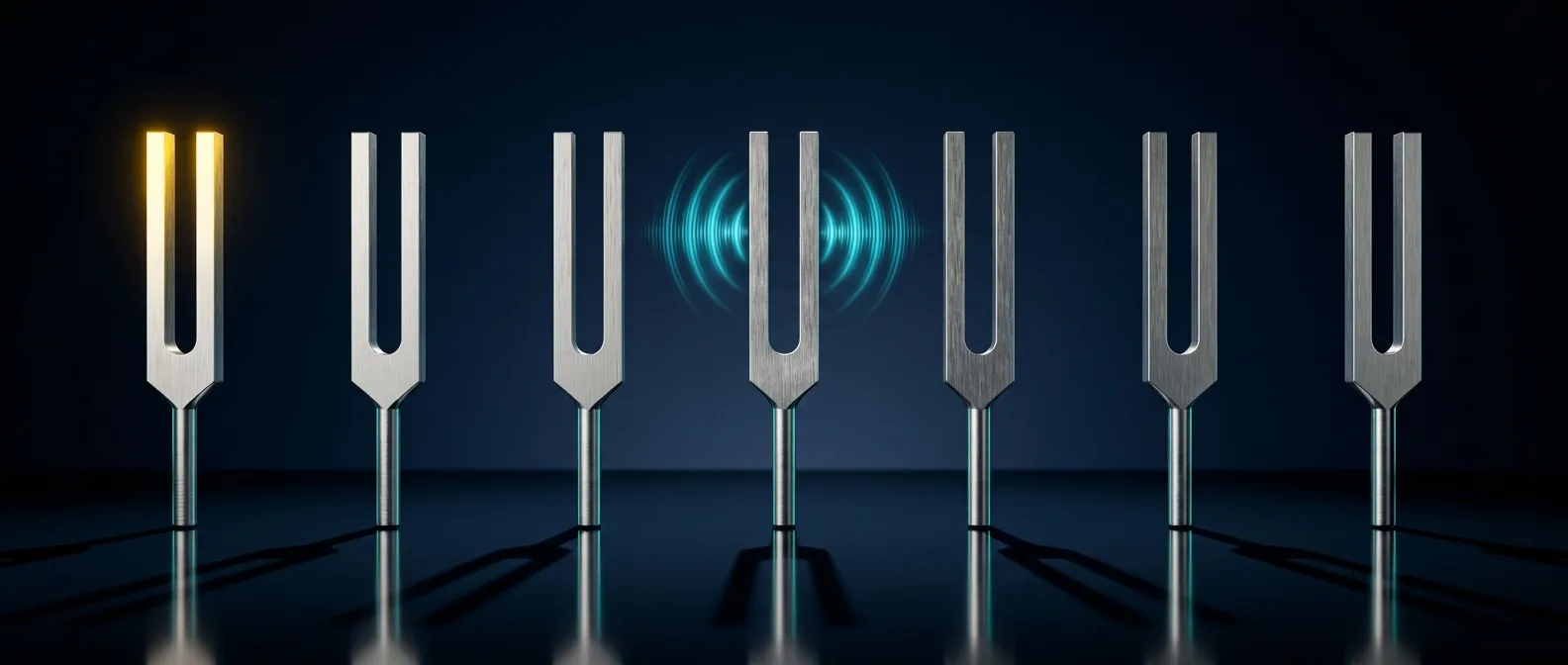 A row of seven precision tuning forks on a dark navy surface, with one center fork radiating a cyan sound ring