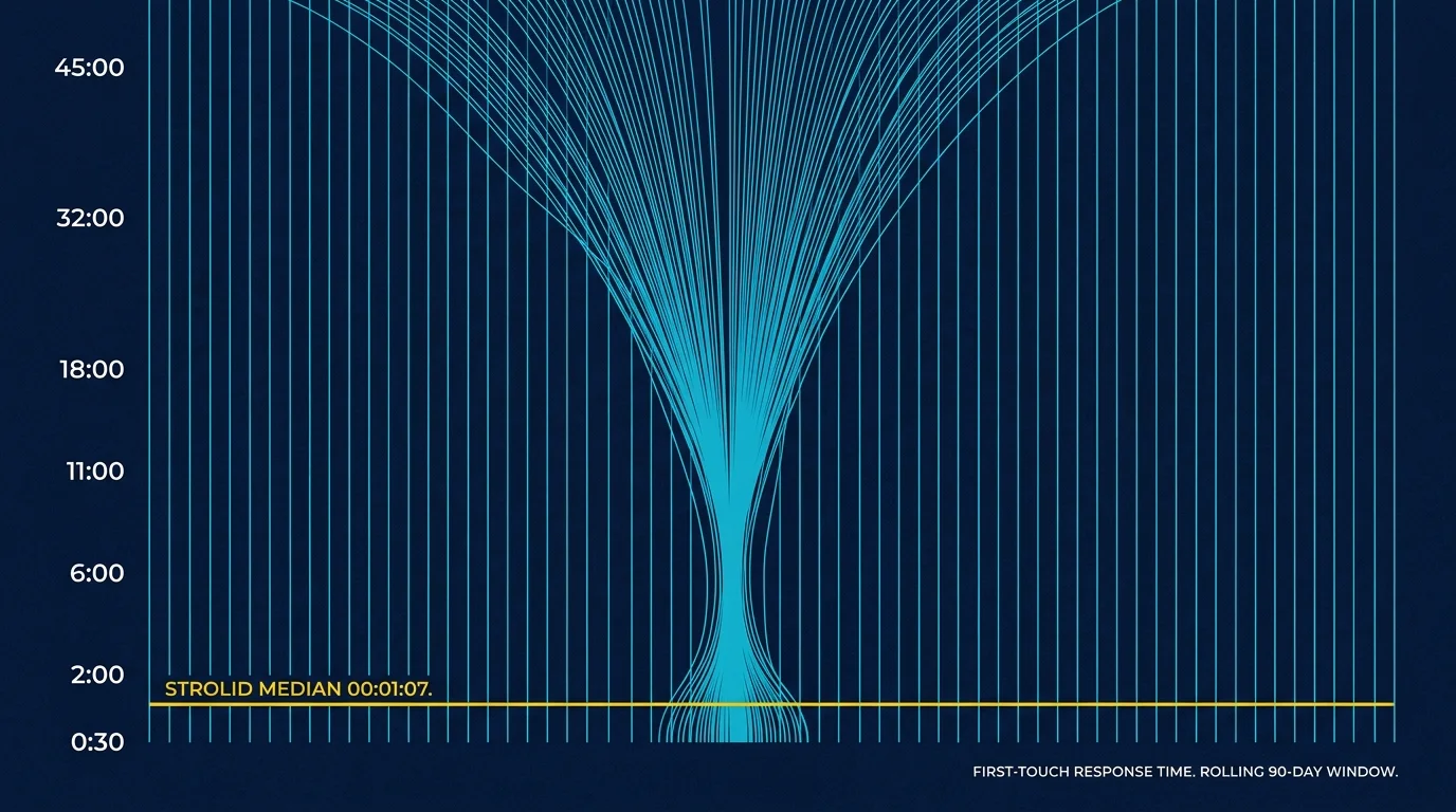 First-touch response time distribution — Strolid median 00:01:07, rolling 90-day window
