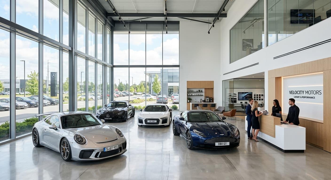 Modern automotive dealership showroom floor with vehicles on display